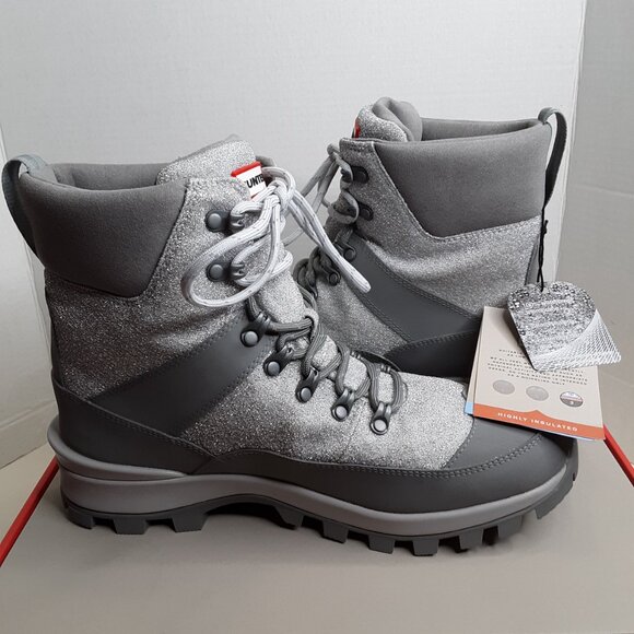 Hunter Commando Glitter Rubber Lug-Sole Snow Boots size 11M Silver/Tundra Gray - Picture 1 of 11